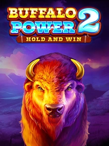 Buffalo illustration with horns, Buffalo Power 2, Hold and Win title, colorful mountain backdrop.