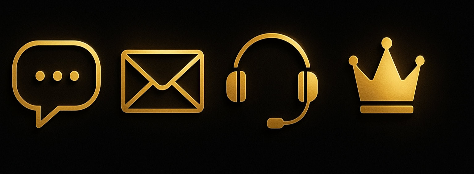 Digital Communication Icons Gold icons on black symbolize chat, email, headset, and crown.