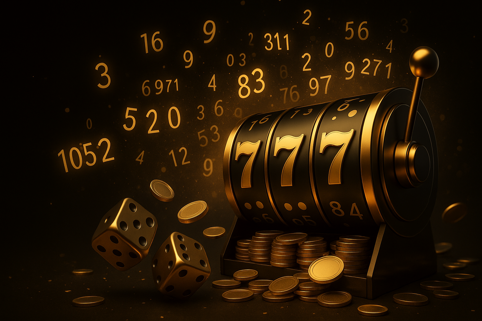 Jackpot Slot Machine Display Golden slot machine showing 777 with coins, dice, and floating numbers.