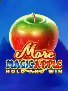 More Magic Apple Hold and Win in stylized fonts, blue background.
